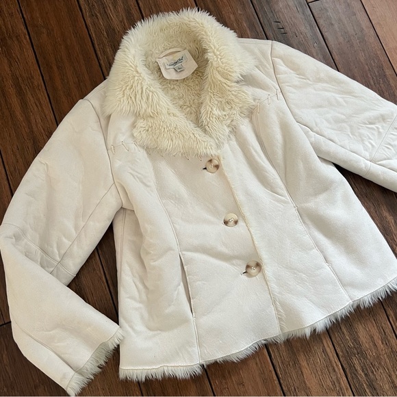 Coldwater Creek Ivory Faux Suede Pennylane Coat Fur Collar Large Cream - Picture 1 of 16